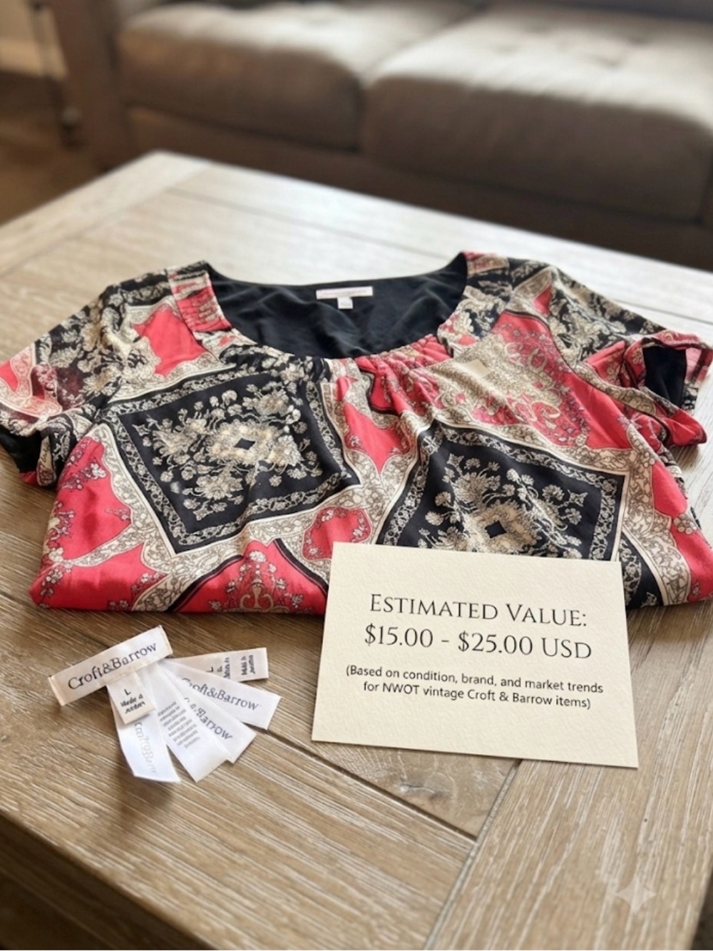 NWOT Vintage croft & barrow Red and Black Paisley-Print Scoop Neck Top-L